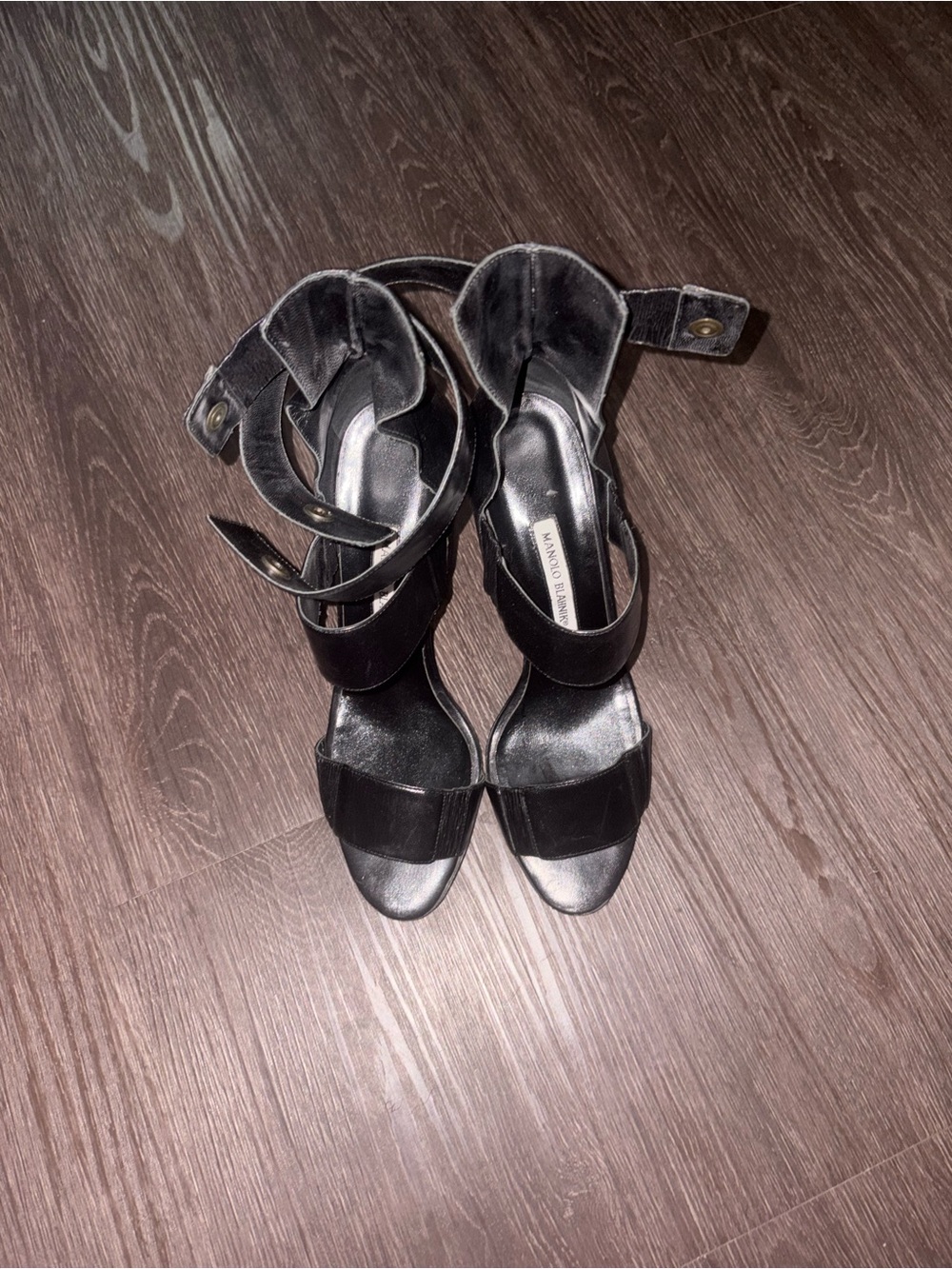 Manolo Blahnik Black Leather Ankle-Strap Heels
